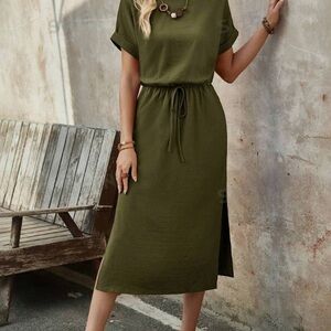 Women's Summer Brick Red Round Neck Batwing Short-Sleeve Midi Dress